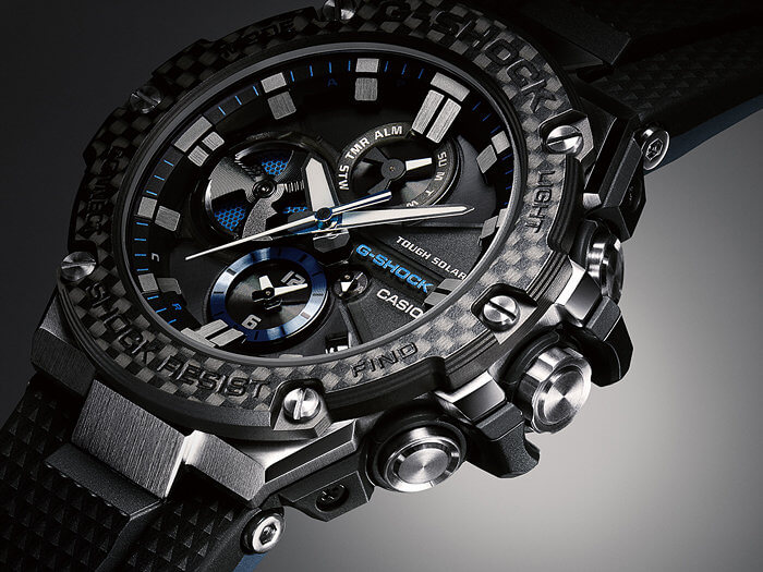 G-Shock G-STEEL GST-B100XA-1A Silver/Black Blue with Carbon Fiber Bezel Angel View